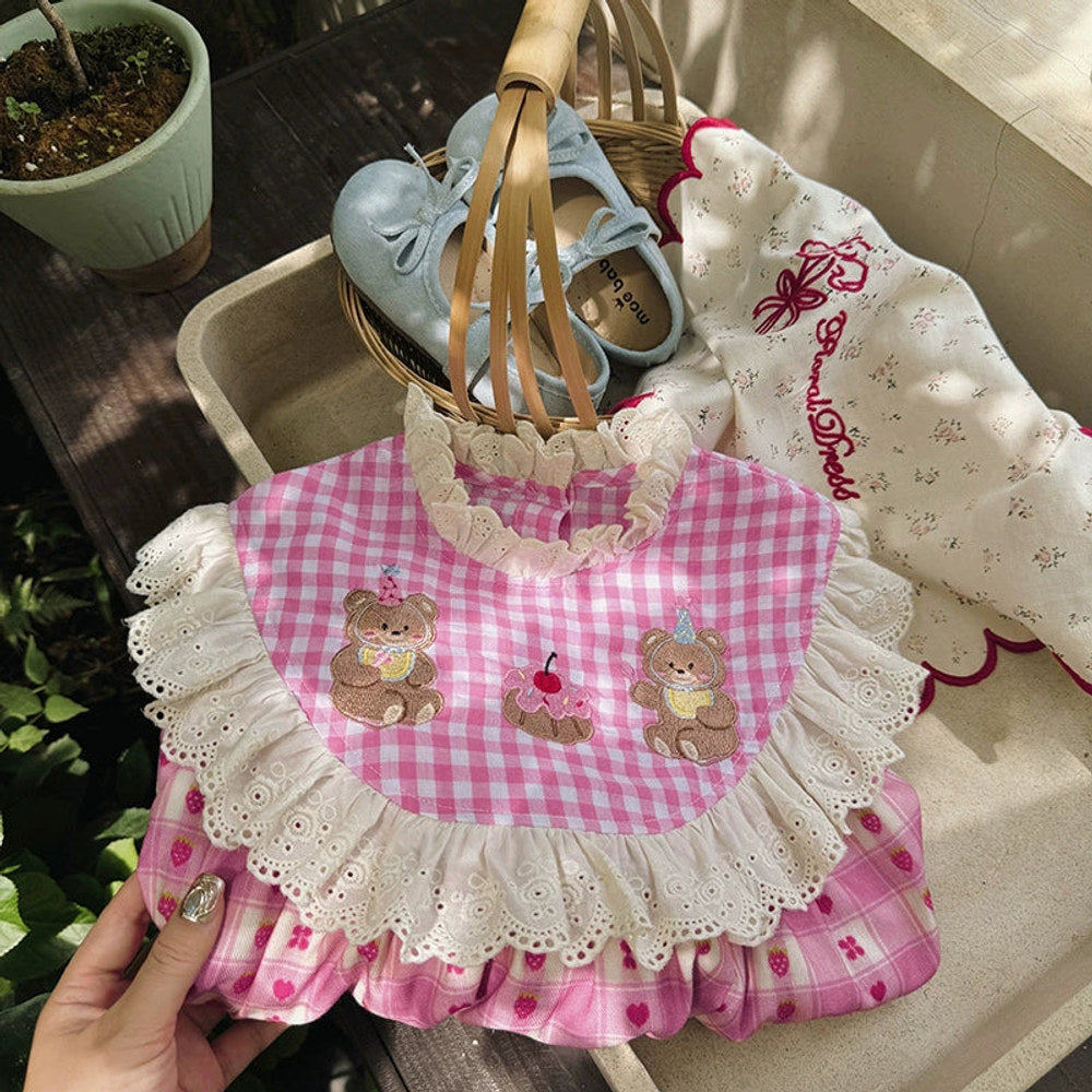 MyKids-USA® Baby Kids Girls Cartoon Teddy Bear Pattern Long Sleeves Plaid Dress