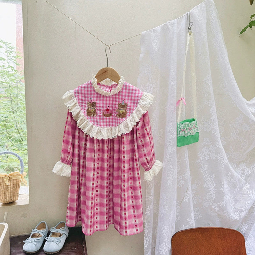 MyKids-USA® Baby Kids Girls Cartoon Teddy Bear Pattern Long Sleeves Plaid Dress