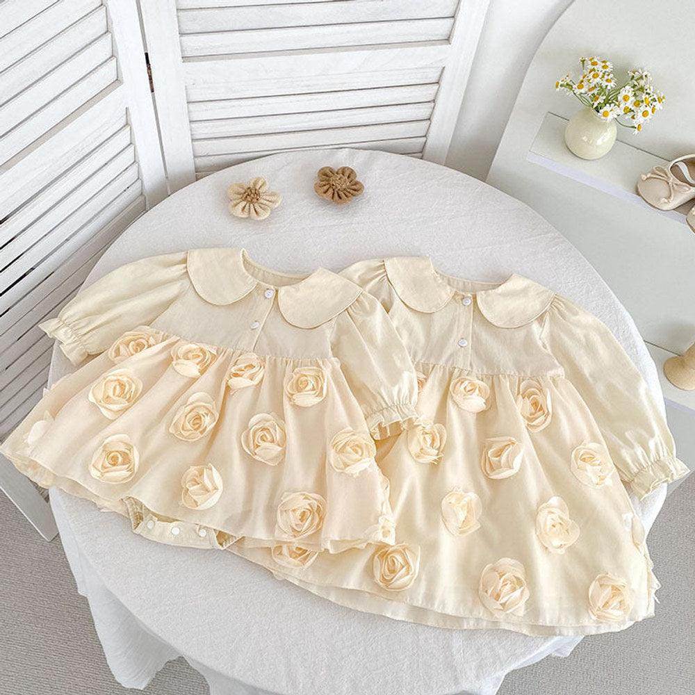 MyKids-USA® Baby Girls Flowers Pattern Long-sleeved Peter Pan Collar bodysuit and Dress – Princess Sister Matching Set