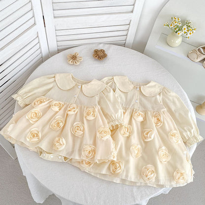 MyKids-USA® Baby Girls Flowers Pattern Long-sleeved Peter Pan Collar bodysuit and Dress – Princess Sister Matching Set