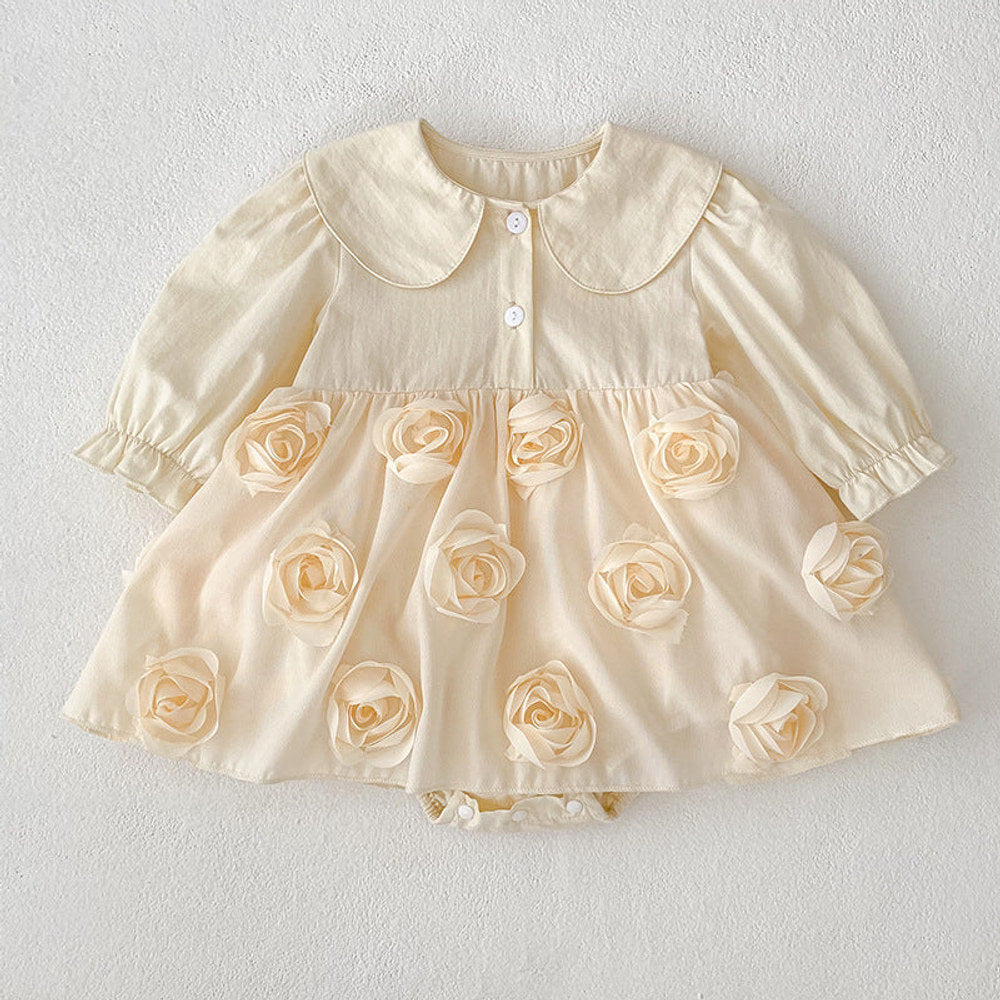 MyKids-USA® Baby Girls Flowers Pattern Long-sleeved Peter Pan Collar bodysuit and Dress – Princess Sister Matching Set