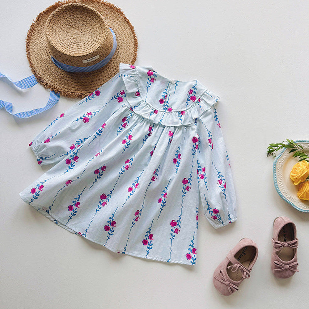 MyKids-USA® Baby Kids Girls Floral Pattern Long Sleeves Crew Neck Dress