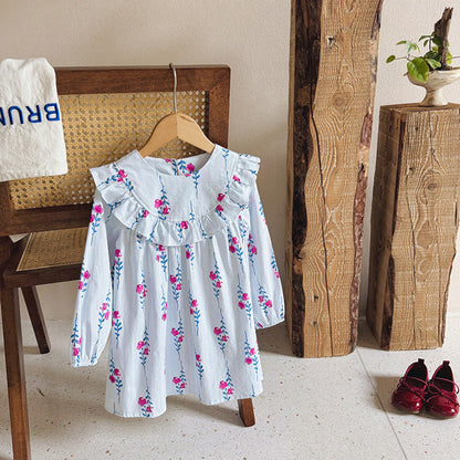 MyKids-USA® Baby Kids Girls Floral Pattern Long Sleeves Crew Neck Dress