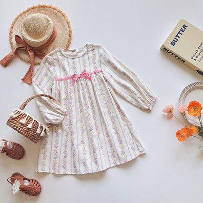 MyKids-USA® Baby Kids Girls Floral Pattern Long Sleeves Crew Neck Dress