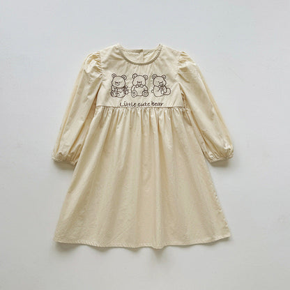 MyKids-USA® Baby Kids Girls Teddy Bear and Letters Pattern Long Sleeves Crew Neck Dress