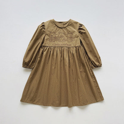 MyKids-USA® Baby Kids Girls Teddy Bear and Letters Pattern Long Sleeves Crew Neck Dress