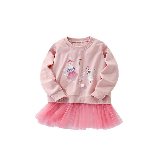 MyKids-USA® Autumn and Spring Arrival Cartoon Pattern Long Sleeves Pullover with Tulle Decoration for Stylish Girls