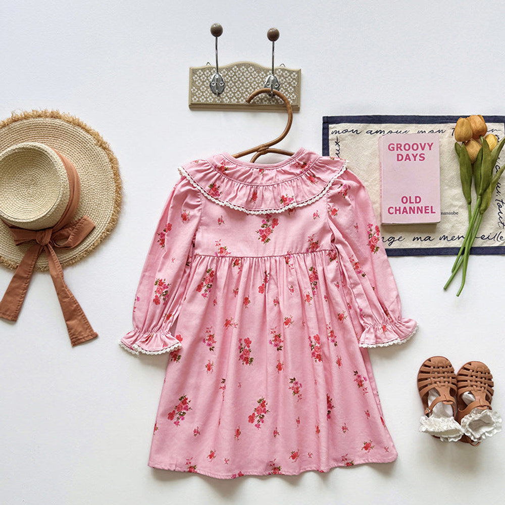 MyKids-USA® Baby Kids Girls Floral Pattern Long Sleeves Dress with Collar