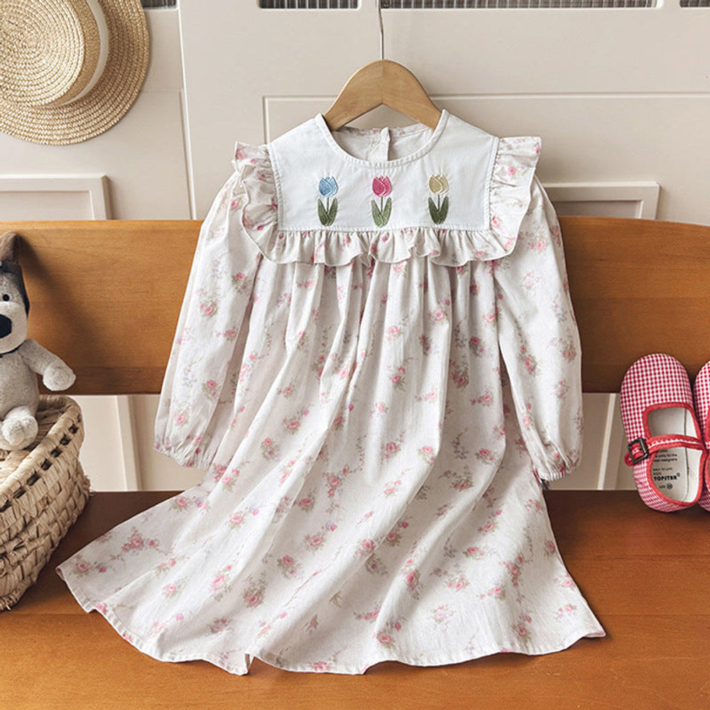 Autumn Arrival Baby Kids Girls Floral Pattern Long Sleeves Dress