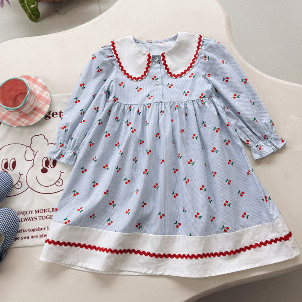 Autumn Arrival Baby Kids Girls Cherry Pattern Long Sleeves Dress with Collar