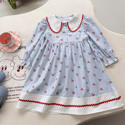 Autumn Arrival Baby Kids Girls Cherry Pattern Long Sleeves Dress with Collar