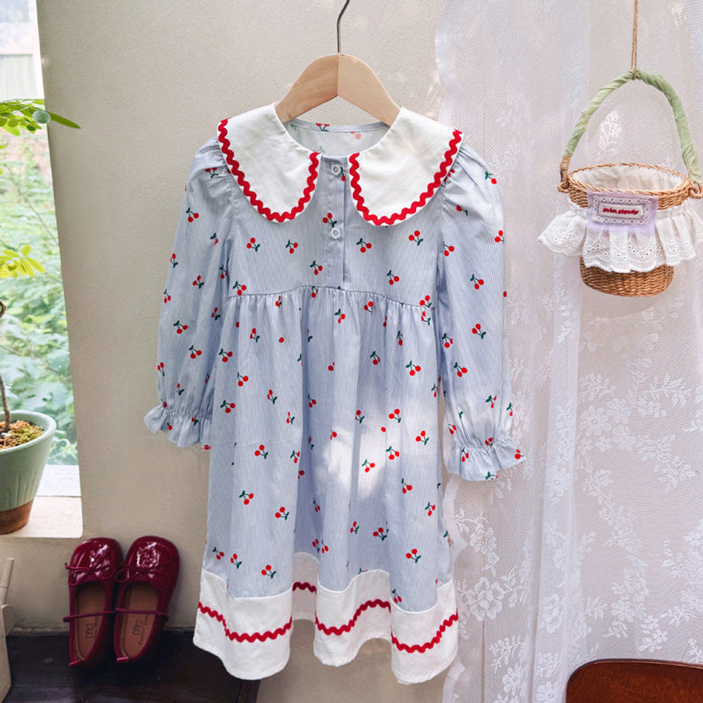 Autumn Arrival Baby Kids Girls Cherry Pattern Long Sleeves Dress with Collar