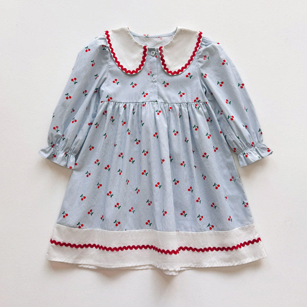 Autumn Arrival Baby Kids Girls Cherry Pattern Long Sleeves Dress with Collar
