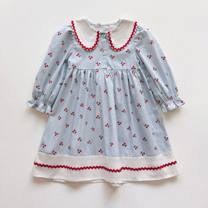 Autumn Arrival Baby Kids Girls Cherry Pattern Long Sleeves Dress with Collar