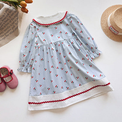 Autumn Arrival Baby Kids Girls Cherry Pattern Long Sleeves Dress with Collar