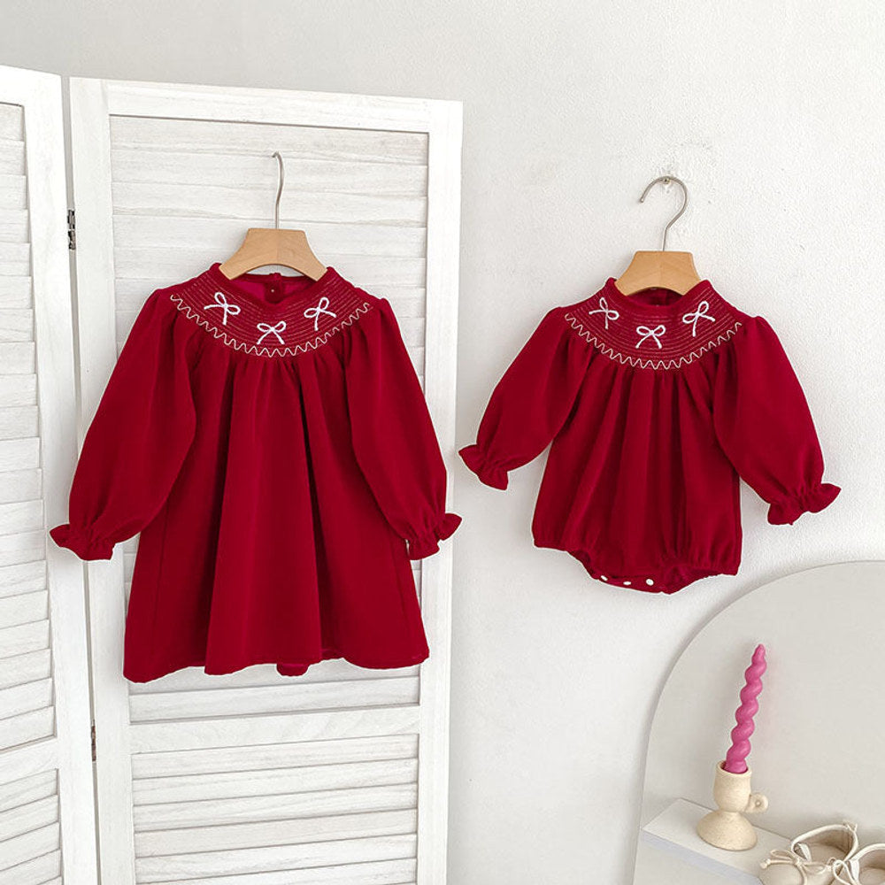 MyKids-USA® Baby Kids Girls Butterfly-bows Pattern Long-sleeved Red bodysuit and Dress – Princess Sister Matching Set