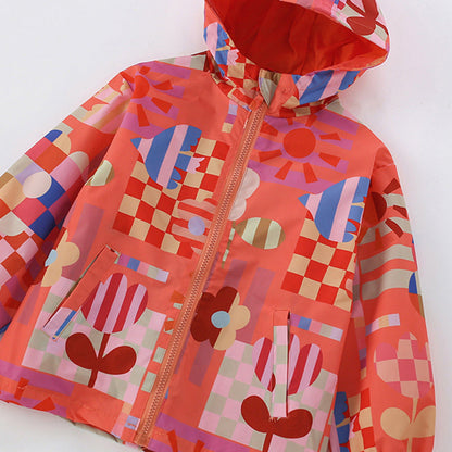 MyKids-USA® European and American Style Girls’ Hooded Zip-up Geometric Pattern Coat with Long Sleeves