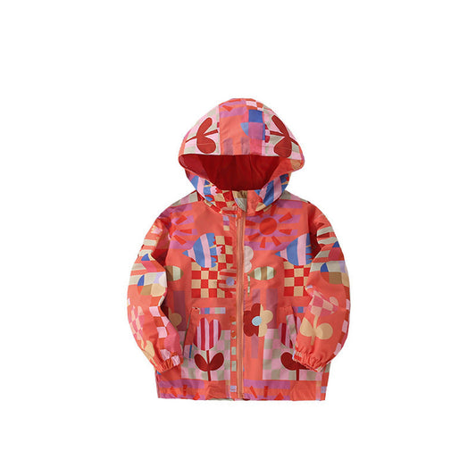 MyKids-USA® European and American Style Girls’ Hooded Zip-up Geometric Pattern Coat with Long Sleeves