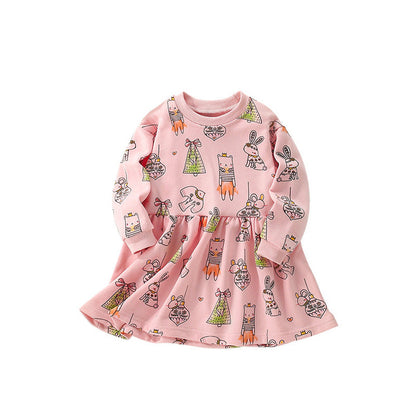 MyKids-USA® Baby Kids Girls Cartoon Pattern Long Sleeves Crew Neck Dress