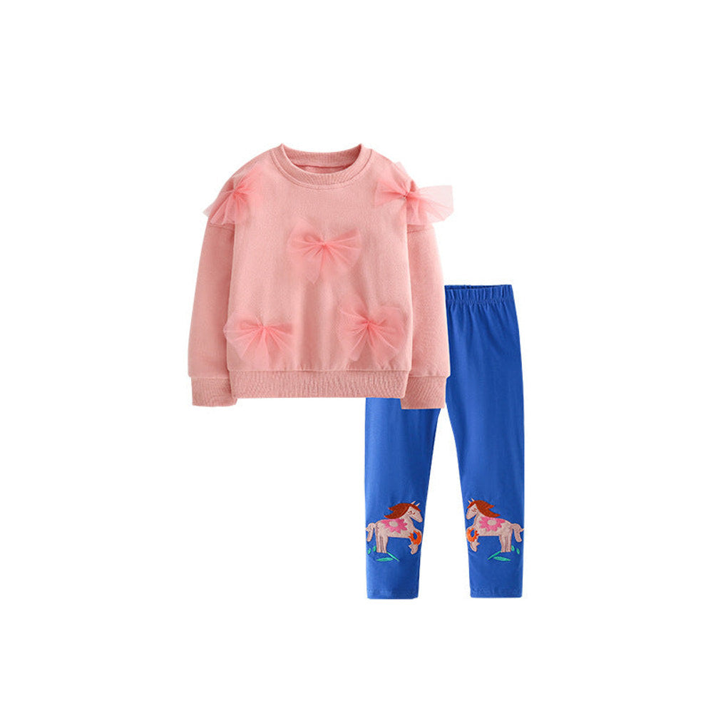 MyKids-USA® Girls Butterfly-bows Decorated Long Sleeves Pullover and Cartoon Pants Clothing Set