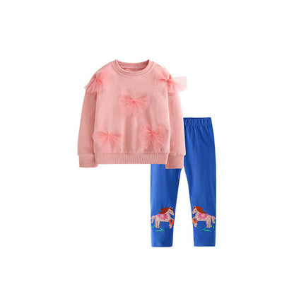 MyKids-USA® Girls Butterfly-bows Decorated Long Sleeves Pullover and Cartoon Pants Clothing Set