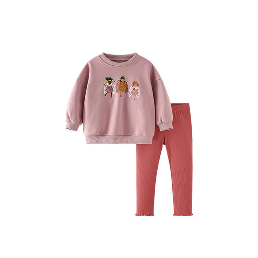 Spring and Autumn Girls Cartoon Pattern Long Sleeves Pullover and Pants Clothing Set