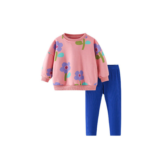 MyKids-USA® Spring and Autumn Girls Floral Pattern Long Sleeves Pullover and Blue Pants Clothing Set