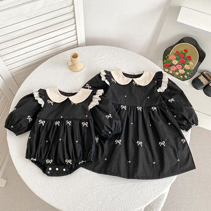 MyKids-USA® Baby Kids Girls Butterfly-bows Pattern Long-sleeved Black bodysuit and Dress – Princess Sister Matching Set