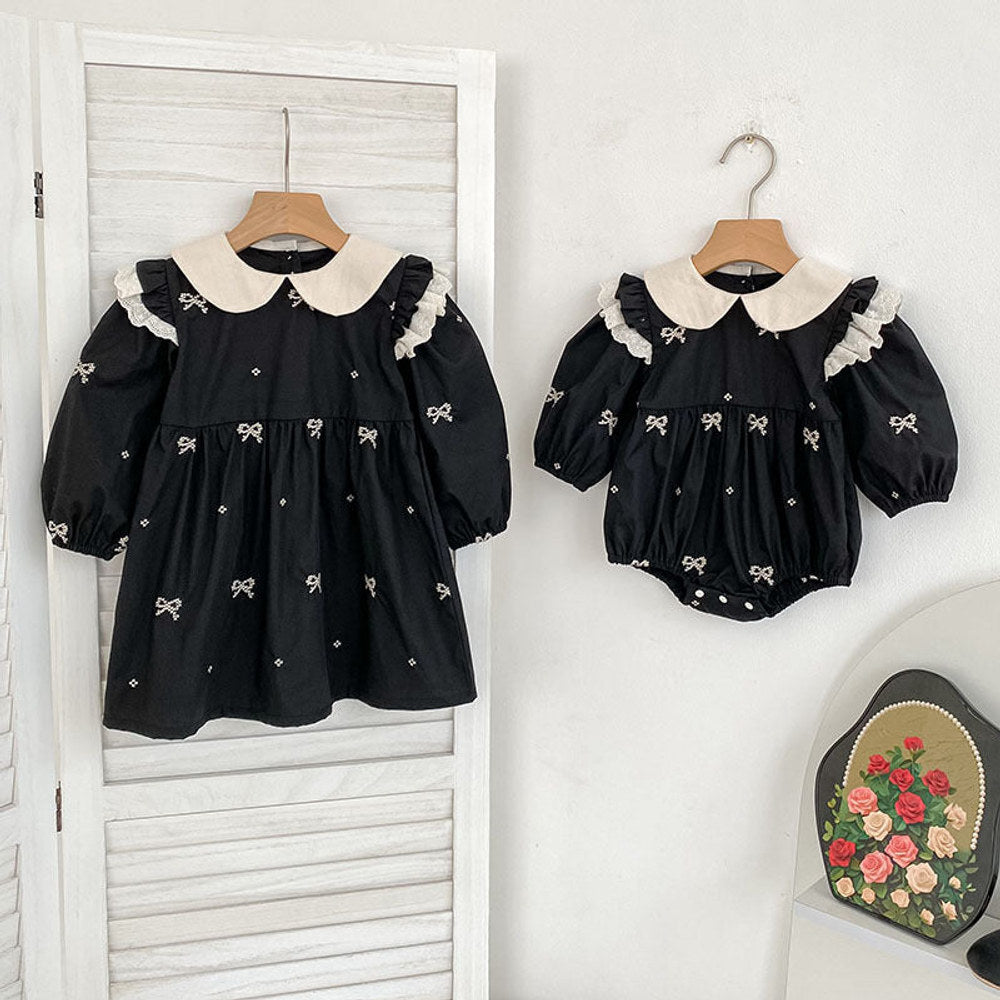 MyKids-USA® Baby Kids Girls Butterfly-bows Pattern Long-sleeved Black bodysuit and Dress – Princess Sister Matching Set