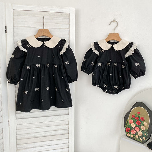 MyKids-USA® Autumn Baby Kids Girls Butterfly-bows Pattern Long-sleeved Black bodysuit and Dress – Princess Sister Matching Set