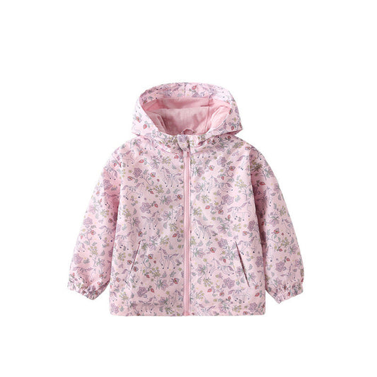 MyKids-USA® European and American Style Girls’ Hooded Zip-up Floral Pattern Pink Coat with Long Sleeves