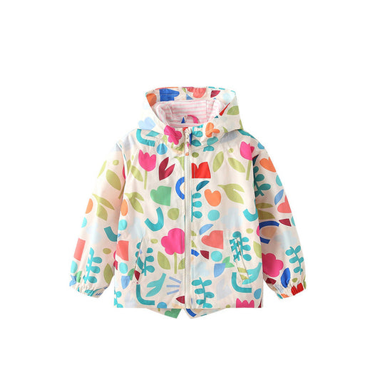 MyKids-USA® European and American Style Girls’ Hooded Zip-up Colorful Flowers Pattern Coat with Long Sleeves