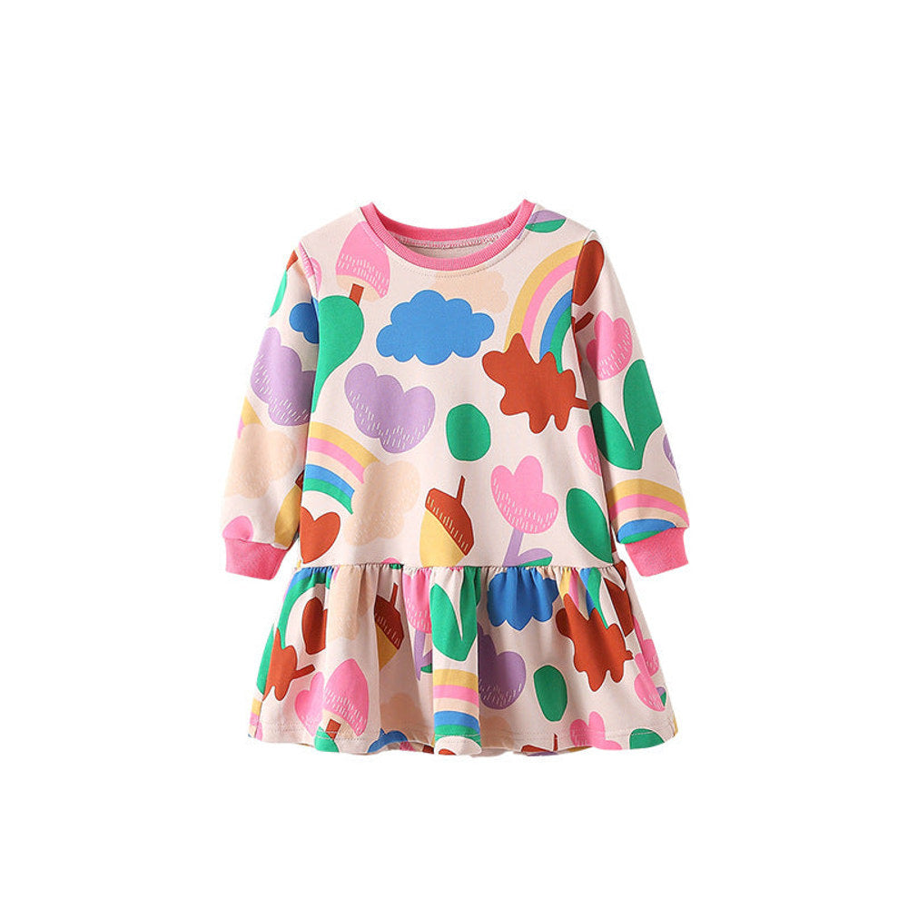 MyKids-USA® Kids Girls Geometric Pattern Long Sleeves Crew Neck Dress