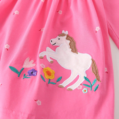MyKids-USA® Baby Kids Girls Floral and Horse Pattern Long Sleeves Crew Neck Dress