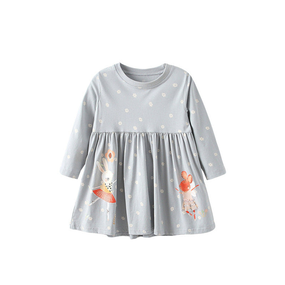MyKids-USA® Baby Kids Girls Floral and Animals Pattern Long Sleeves Crew Neck Dress
