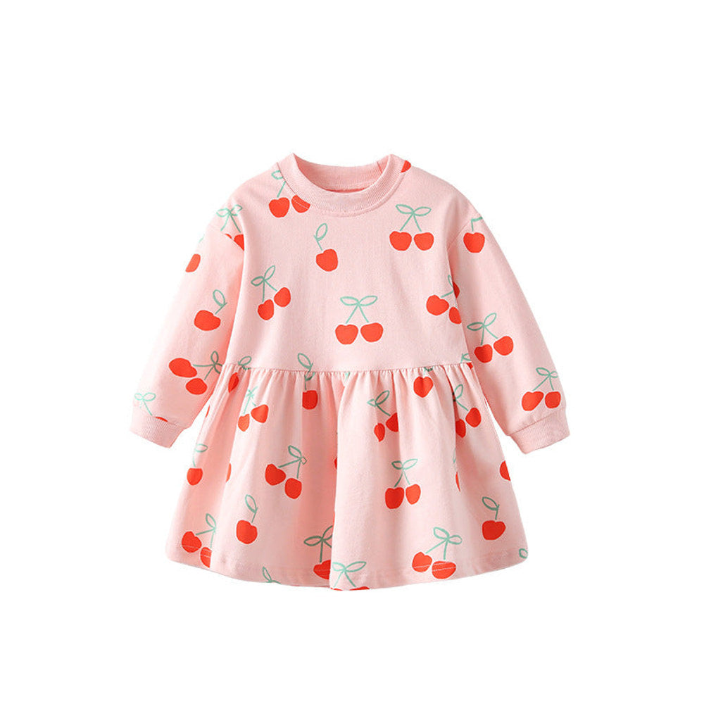 MyKids-USA® Kids Girls Cherry Pattern Long Sleeves Crew Neck Dress