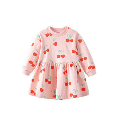 MyKids-USA® Kids Girls Cherry Pattern Long Sleeves Crew Neck Dress