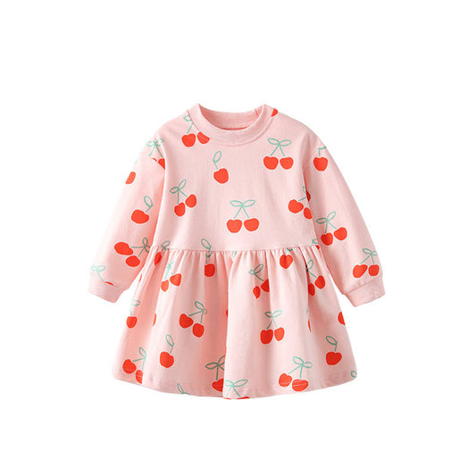 MyKids-USA® Autumn Arrival Kids Girls Cherry Pattern Long Sleeves Crew Neck Dress