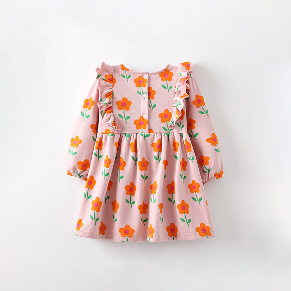MyKids-USA® Kids Girls Flowers Pattern Long Sleeves Crew Neck Dress