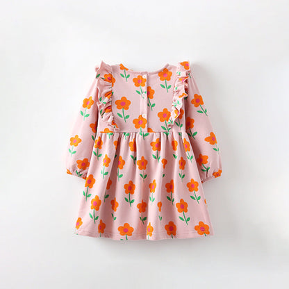 MyKids-USA® Kids Girls Flowers Pattern Long Sleeves Crew Neck Dress