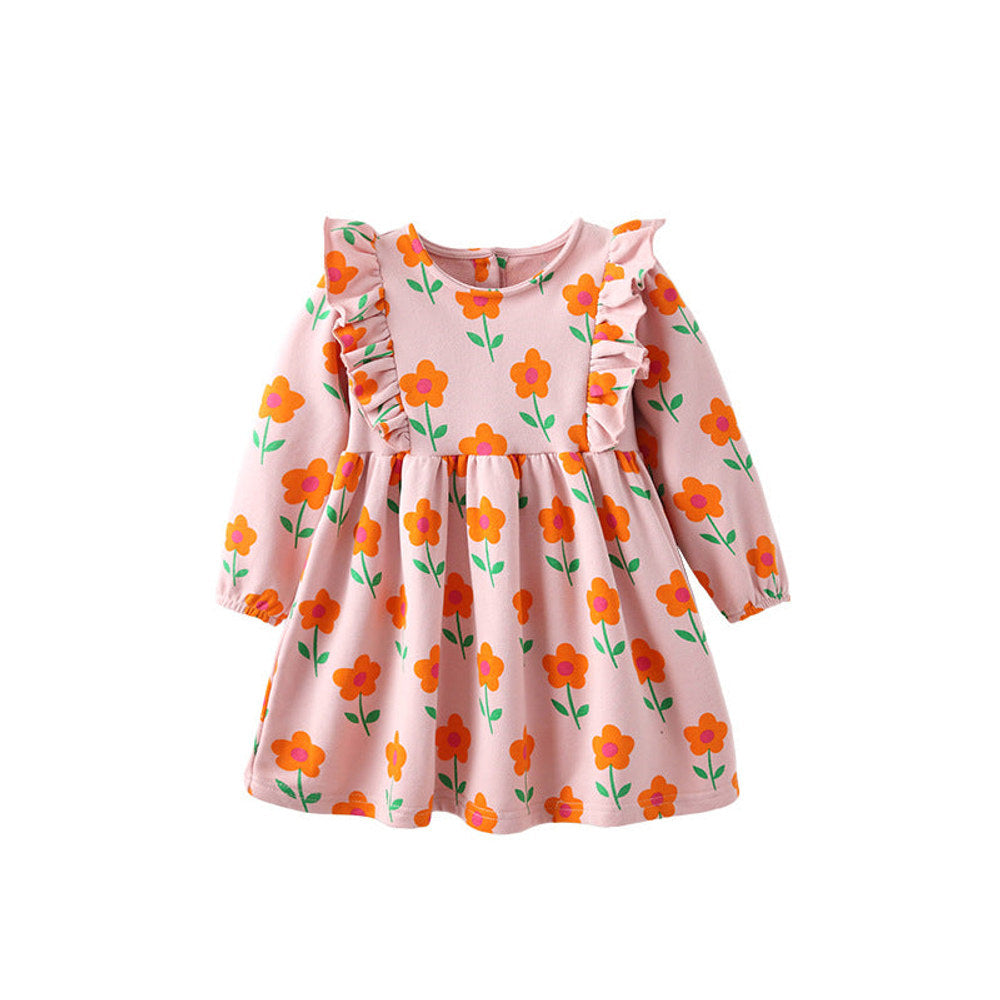 MyKids-USA® Kids Girls Flowers Pattern Long Sleeves Crew Neck Dress