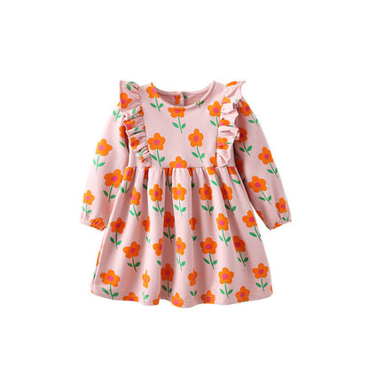 MyKids-USA® Kids Girls Flowers Pattern Long Sleeves Crew Neck Dress