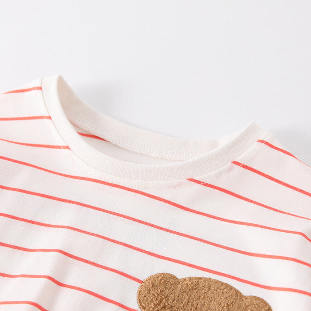 MyKids-USA® Kids Girls Teddy Bear and Striped Pattern Long Sleeves Crew Neck Dress with Tulle