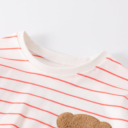 MyKids-USA® Kids Girls Teddy Bear and Striped Pattern Long Sleeves Crew Neck Dress with Tulle