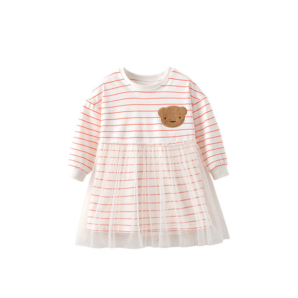 MyKids-USA® Kids Girls Teddy Bear and Striped Pattern Long Sleeves Crew Neck Dress with Tulle