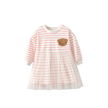 MyKids-USA® Kids Girls Teddy Bear and Striped Pattern Long Sleeves Crew Neck Dress with Tulle