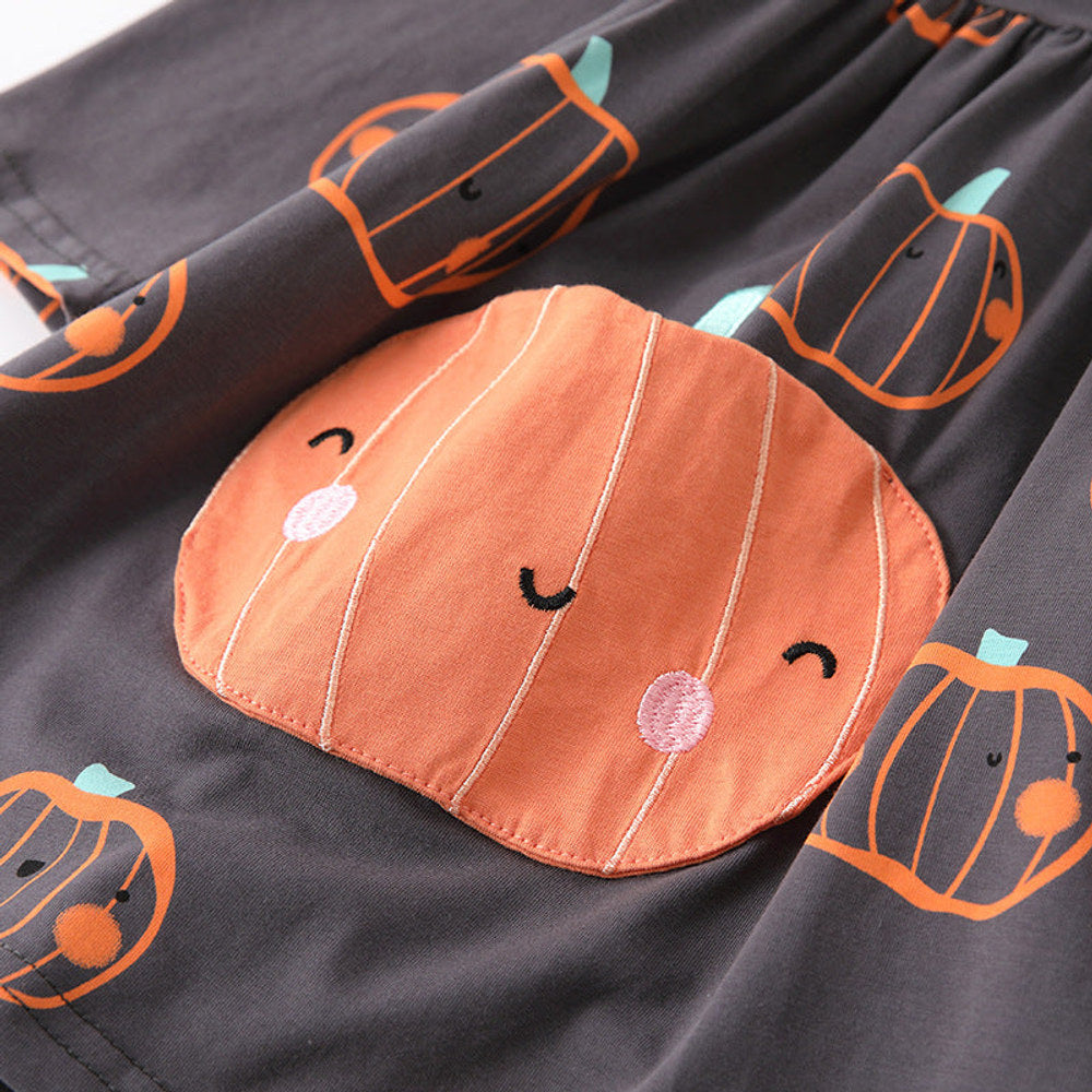 MyKids-USA® Kids Girls Cartoon Pumpkin Pattern Long Sleeves Dress