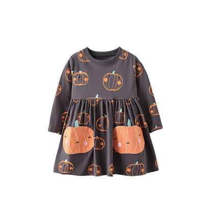 MyKids-USA® Kids Girls Cartoon Pumpkin Pattern Long Sleeves Dress