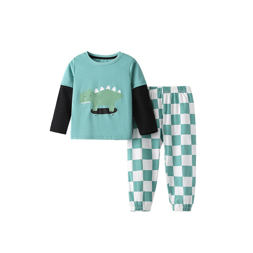 MyKids-USA® Boys Cartoon Pattern Long Sleeves Top and Plaid Pants Clothing Set