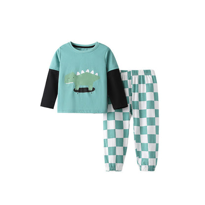 MyKids-USA® Boys Cartoon Pattern Long Sleeves Top and Plaid Pants Clothing Set
